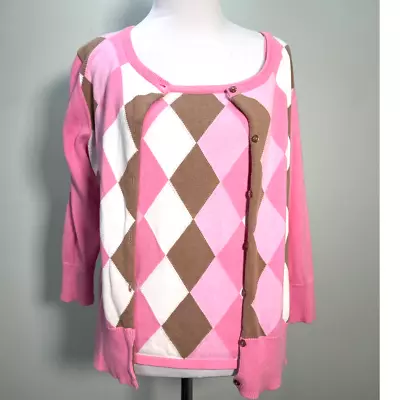 Vintage Twin Set Medium Pink Brown Argyle Tank Top Cardigan JG Hook Classic 90s • $45