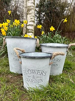 Vintage Style Galvanised Metal Set Of 3 Garden Planters Pots Outdoor French • £39.99