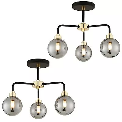 Set Of 2 Industrial Black And Smoked Glass 3 Way Ceiling Light Fittings • £74.50