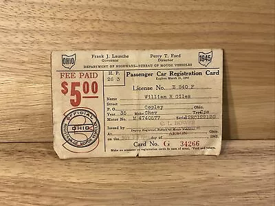 Vintage 1945 OHIO Motor Vehicle Passenger Car Registration Card • $9.99