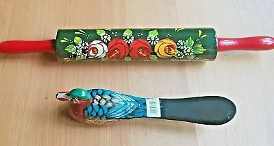 Roses And Castles Art Ornamental Painted Rolling Pin & Decorated Duck Shoehorn • £7.99