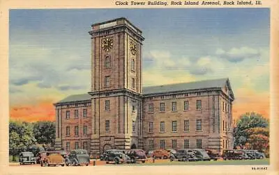 £3.81 • Buy IL, Illinois  ROCK ISLAND ARSENAL Clock Tower Building~Cars  C1940's Postcard