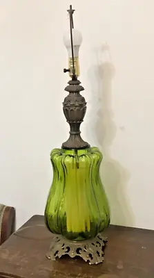Vintage Mid Century Modern Green Glass Brass Table Lamp 31  Tall • $125