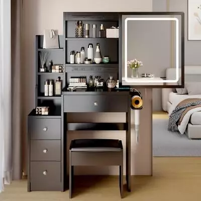 Vanity Set With LED Lighted Mirror Makeup Dressing Table Dresser Desk 4 Drawers • $162.99