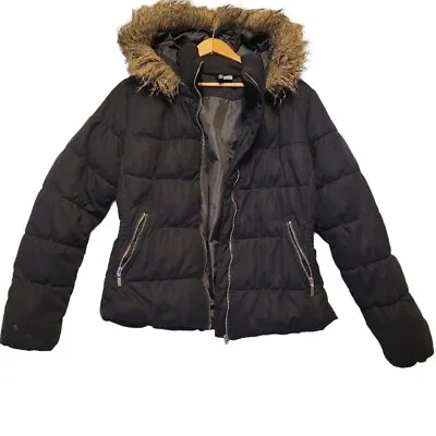 Divided H & M Women 14 Black Puffed Hooded Full Zip Up Jacket Coat Faux Fur Trim • $24.95