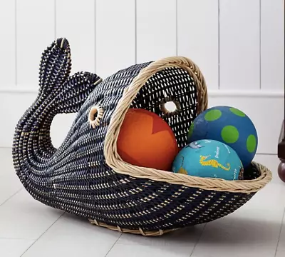 Pottery Barn Kids LARGE Rattan Wicker Blue Beige Nautical Handmade Whale Basket • $150