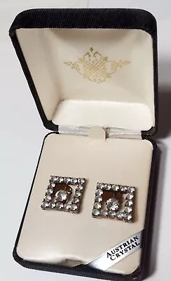 Vintage Austrian Crystal Clip Earrings In Original Box Silver Tone 5/8  Square. • $5