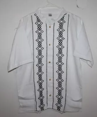 Mexican Hand Embroidered Guayabera Button White Mexican White Black Pattern • $18.99