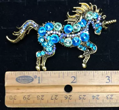 Vintage Unicorn Horse Brooch Pin Aqua Blue Crystal Glass Rhinestone • $11.99