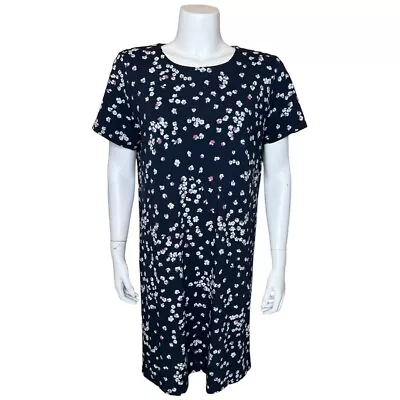 J Jill Wearever Women's Dress LP Short Sleeve Stretch Navy Blue Pink Floral • $24.99