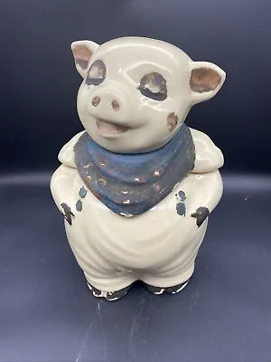 Vintage Shawnee Smiley Pig Cookie Jar Blue Scarf Eyes Open Brown Markings USA • $68