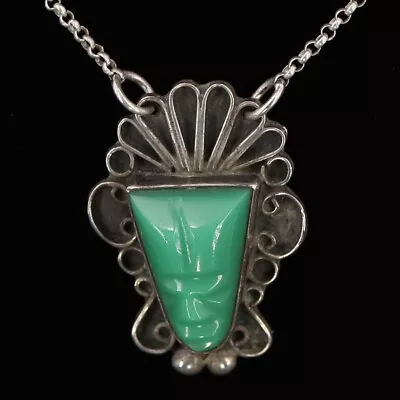 VTG Sterling Silver - MEXICO Green Onyx Carved Mask Pendant 21  Necklace - 8g • $10.50