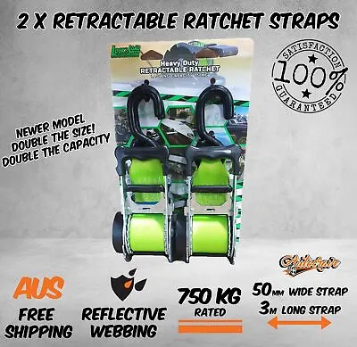 2x Retractable Ratchet Tie Down Straps 750kg Car Trailer 50mm RW16 Lock And Load • $89