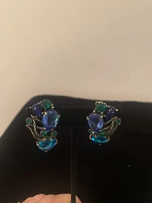 Vintage Blue Green Turquoise Crystal Clip Earrings • $7