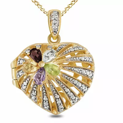 Multi Gemstone Heart Locket Pendant 18K Yellow Gold Plated 925 Sterling Silver • $282.36