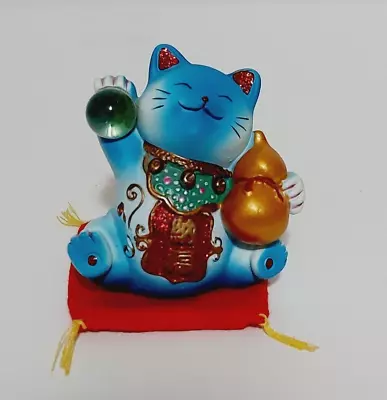 3  Blue Maneki Neko Cat Figurine Red Pillow Kao Miao Chuang Glass Ball Gourd • $9.95