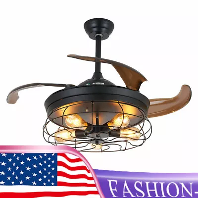 Farmhouse Retractable Industrial Caged Ceiling Fan Light With Remote Control 40W • $76