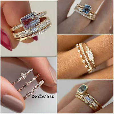 Fashion 3pcs/set Cubic Zirconia Wedding Ring Silver Plated Party Ring Women Gift • $2.14