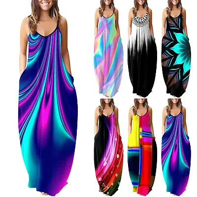 $25.88 • Buy Women Summer O-neck Flower Print Sleeveless Plus Size Pullover Long Dresses AU