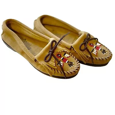 Minnetonka Beaded Thunderbird Moccasins–Tan Suede Leather W/Rubber Sole Womens 7 • $30