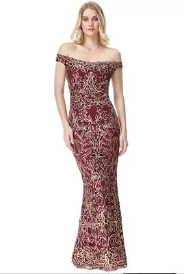 £30 • Buy GODDIVA SCALLOPED BARDOT SEQUIN MAXI DRESS Size 8 Cruise Evening Dress RRP £69