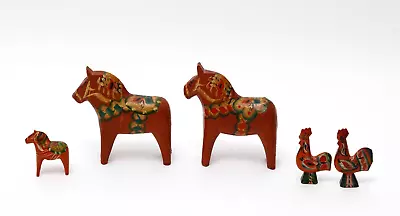 5 Vintage Dala Swedish Hand Carved & Hand Painted Animals- 3 Horses & 2 Roosters • $40