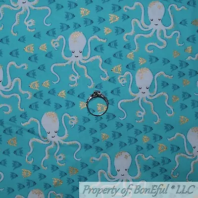 BonEful Fabric FQ Cotton Quilt Aqua White Gold Metallic Fish Ocean Beach Octopus • $5.07