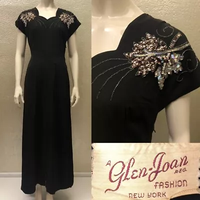 Vintage 1940s Ladies GLEN JOAN Black Rayon Dress Floral Beaded Sequin AS-IS • $55