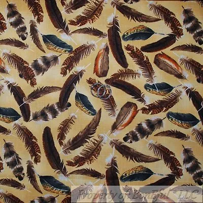 BonEful Fabric FQ Cotton Quilt VTG Black Brown Gold Tan Feather American Indian • $7.79