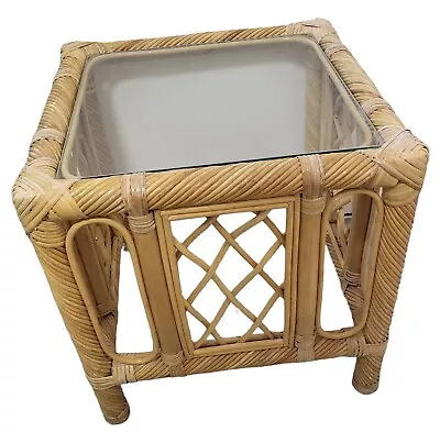 Bamboo Cane Wicker Smoked Glass Tabletop Side Table 46cm Height Hawaii Style  • £54.99