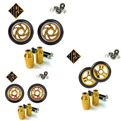 GOLD SET STUNT SCOOTER METAL CORE WHEELS 100mm ABEC 11 BEARING PEGS 3 AXLES 110 • £34.99