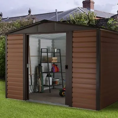 8x6 METAL GARDEN YARDMASTER SHED 8ft X 6ft APEX STEEL STORAGE BROWN WOOD EFFECT • £519.94