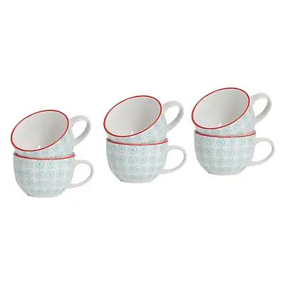 6x Hand-Printed Cappuccino Cups Porcelain Tea Coffee Cups 250ml Turquoise • £14