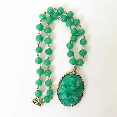 Vintage Peking Glass Faux Jade Green Molded Floral Pendant Beaded Asian Necklace • $69.99