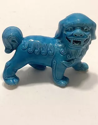 Turquoise Foo Dog Blue Glazed Ceramic Vintage Asian Fu Dogs 4”x5” • $45