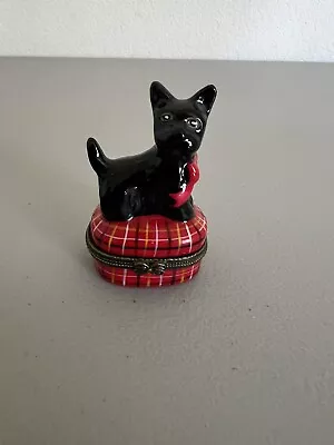 Vintage Black Scottie Terrier Dog Sitting On Red Tartan Trinket Box • $22.99