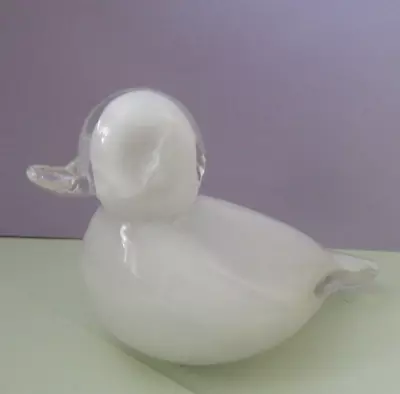 WHITE & CLEAR LANGHAM GLASS DUCK MADE IN ENGLAND 3 INS X 5 INS • £7.50