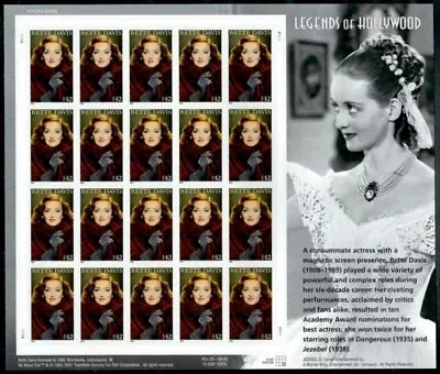 2008 BETTE DAVIS Legends Of Hollywood 14 MNH Sheet 20 X 42¢ Stamps #4350 Jezebel • $13.84