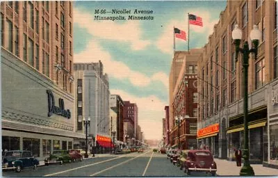 1950s MN Postcard Nicollet Avenue Street View Stores Shops Old Cars Minneapolis  • $7.19