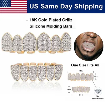 18K Gold Plated Hip-Hop Teeth Grillz Top & Bottom Set Mouth Diamond Grill Custom • $15.86