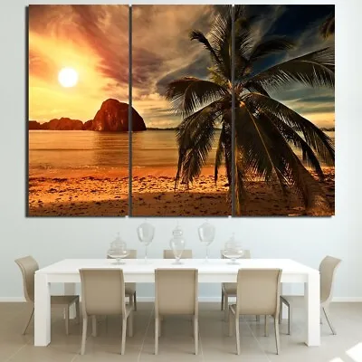 Sunset Beach Coconut Trees 3 Pieces Canvas Print Wall Art Poster Home Decoration • $33.19