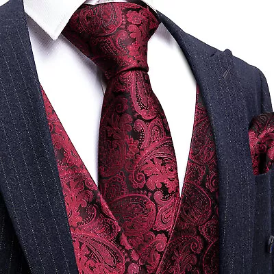 Formal Casual Vest Tie Set Mens Silk Waistcoat Tuxedo Gilet Hankie Cufflinks • $23.99