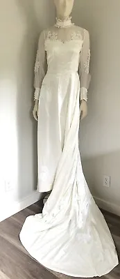 70s Wedding Dress SMALL Handmade Silky Lace Train Cottagecore Victorian Prairie • $60
