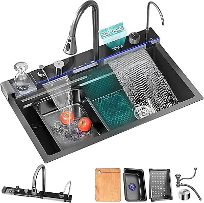 Flying Rain Stainles Steel Waterfall Kitchen Sink W Digital Faucet Black29.5INCH • $254.42