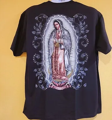 VIRGEN DE GUADALUPE T-SHIRT Medium Nuestra Reyna Black With Glitter Graphic Tee • $19.95