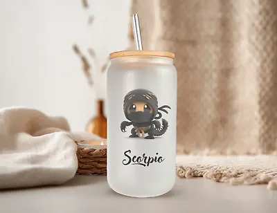 SCORPIO Zodiac Sign Frosted Glass Can With Bamboo Lid 16 Oz Glass Cup By Mugzan • $17.99