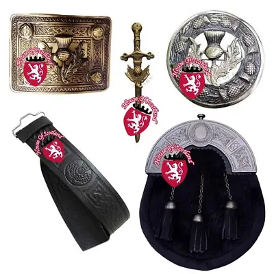 Scottish Kilt Outfit Dress Sporran Black Bovine Thistle BeltBucklePinBrooch • £42.99