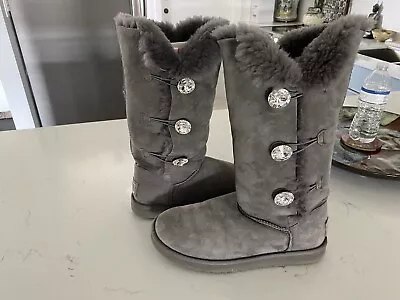 Ugg Bailey Button Swarovski Triplet Bling Charcoal Gray Boots Women Size 10 • $99.97