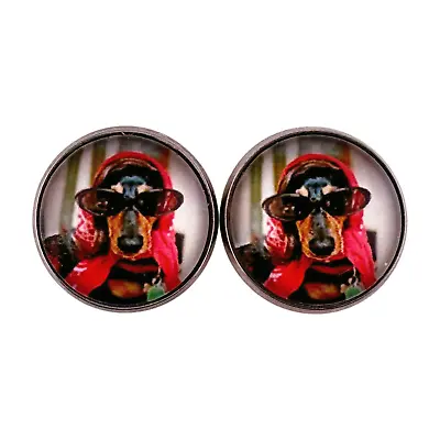 Black & Tan Dachshund W Sunglasses & Scarf Glass & Stainless Steel Stud Earrings • $12.90