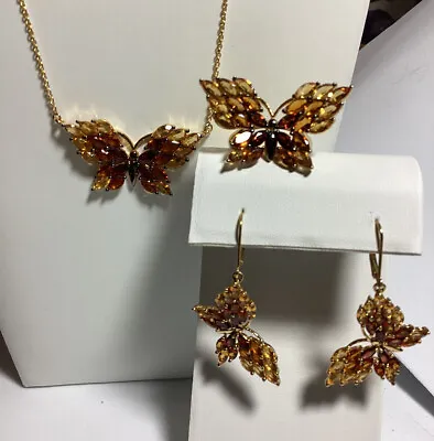 Citrine & Garnet Butterfly Necklace Earrings And Ring (8) 14kt Over Sterling  • $199